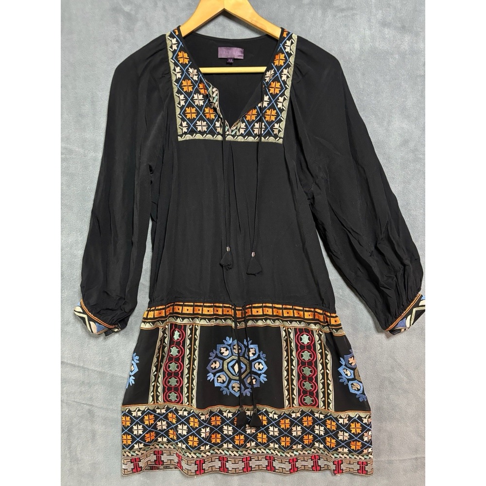 Hale Bob Women Boho Balloon Sleeve Black Embroidered Mini Dress XS 6LHM6102